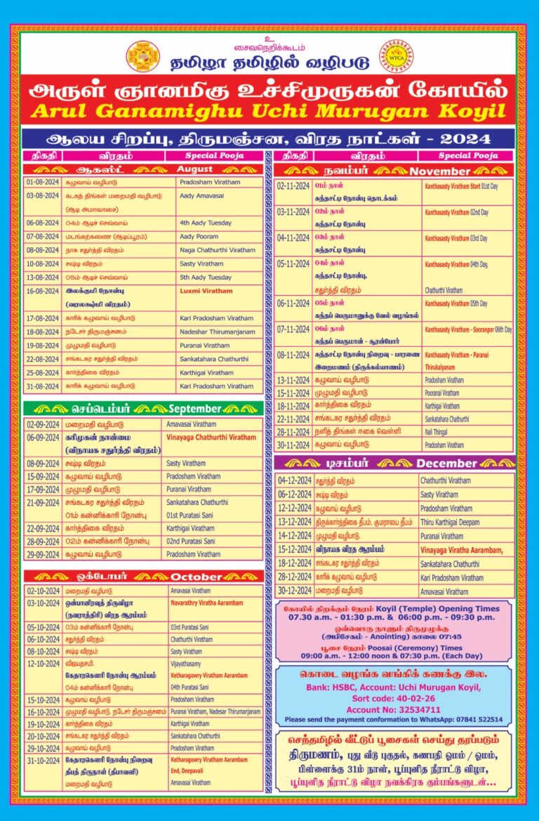 Temple Special, Thirumanjana, Fasting Days 2024